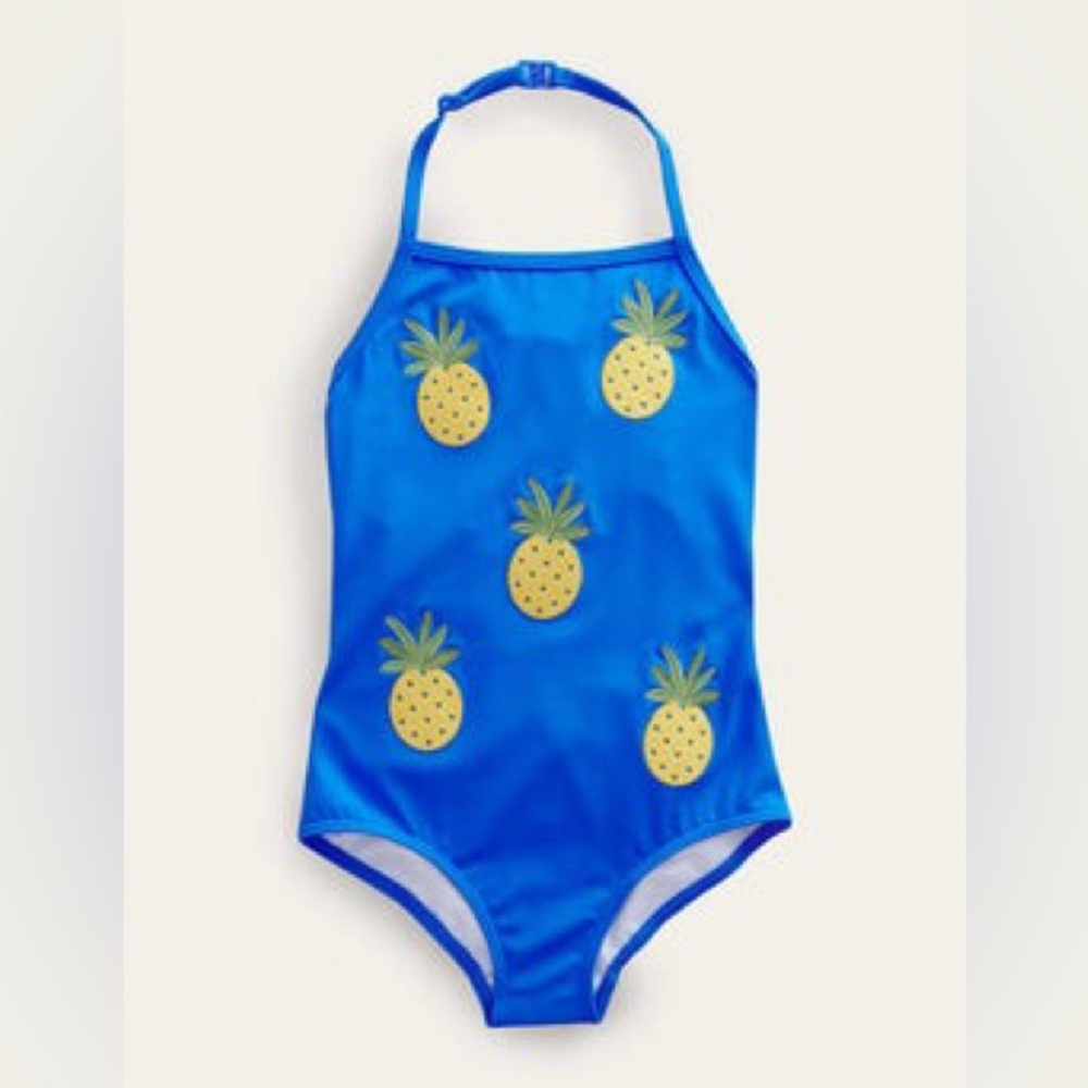 Mini Boden Bright Blue Pineapple Print Swimsuit 5-6 Y
